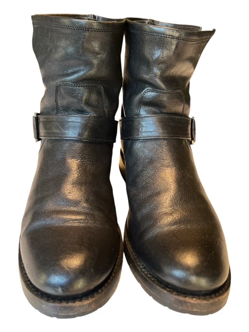 Frye Boots Natalie Short Engineer Black Leather Ankle Buckle SZ 8.5